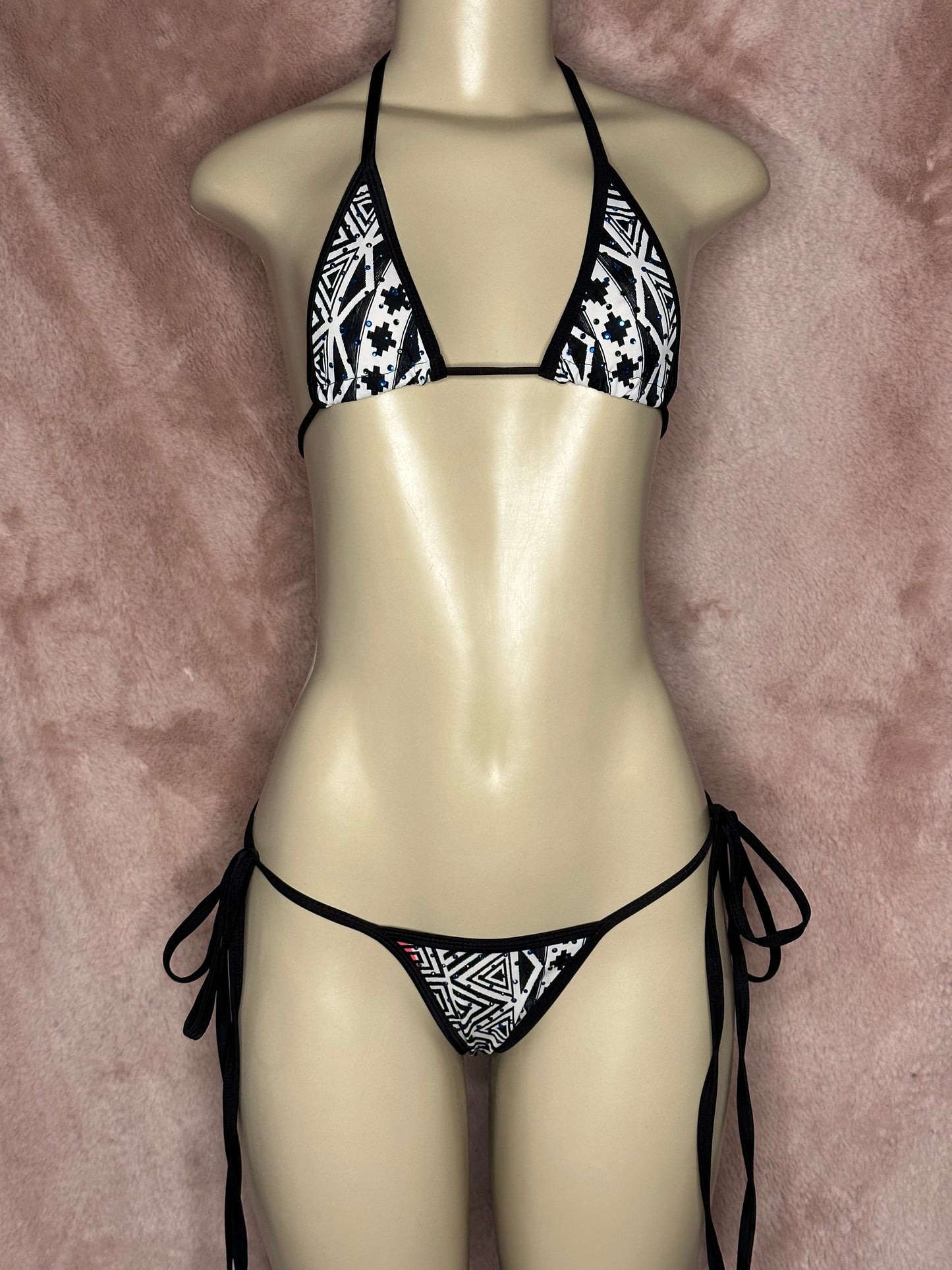 Rhinestone Side Tie Bikini - Abstract Print