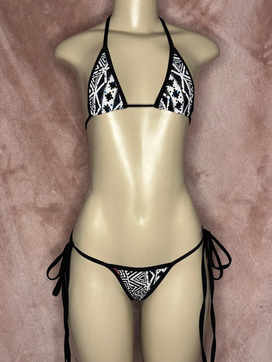 Rhinestone Side Tie Bikini - Abstract Print