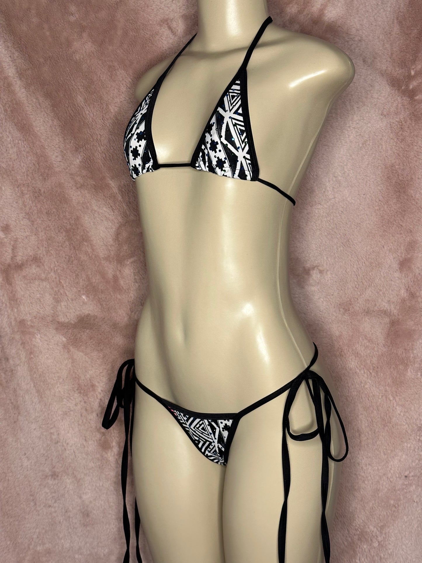 Rhinestone Side Tie Bikini - Abstract Print